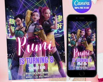 Zaproszenie urodzinowe K-Pop Demon Hunters: Szablon Cyberpunk Laser Canva (do pobrania cyfrowego)