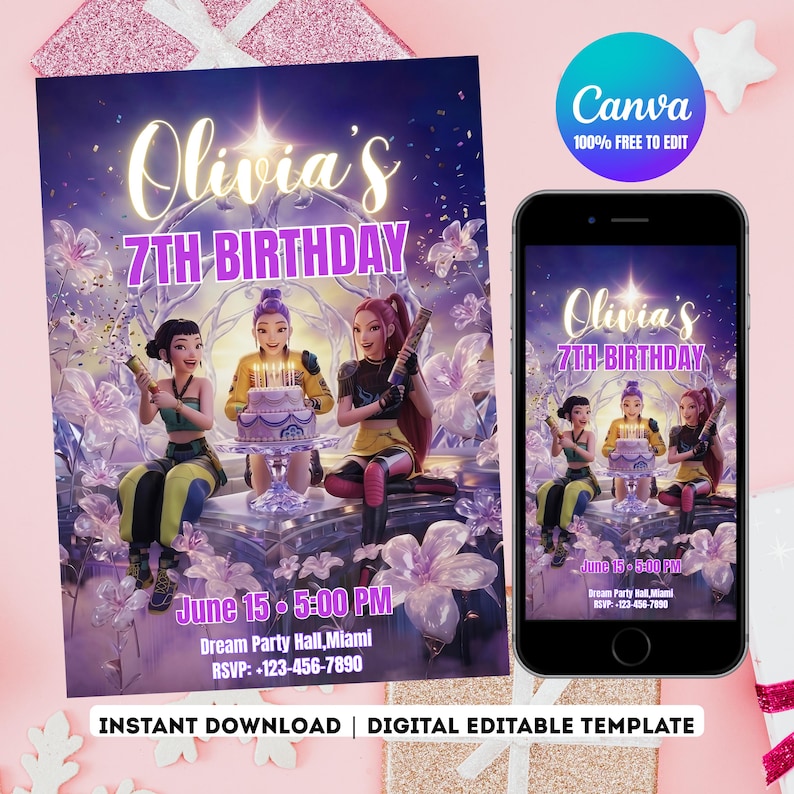Kpop Demon Hunter Birthday Invitation, Purple Crystal Girl Group Evite ...