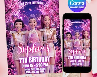 Zaproszenie urodzinowe K-Pop Demon Hunters, Pink Sakura Pop Star Evite (pobranie cyfrowe)