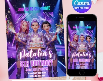 Zaproszenie urodzinowe K-pop Demon Hunters: Szablon Galaxy Stage Canva (do pobrania cyfrowego)