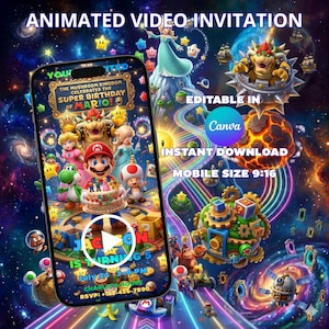 May include: An animated video invitation featuring a Super Mario theme. The design includes Mario, Princess Peach, and other characters. The invitation is editable in Canva and available for instant download. The mobile size is 9:16.