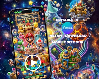 Super Mario Galaxy Birthday Video Invitation: Animated Space Party Canva Template (Digital Download)