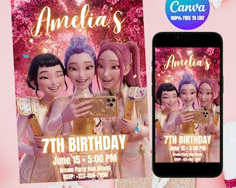 Zaproszenie urodzinowe K-Pop Demon Hunters, różowe zaproszenie na selfie z Sakurą (edytowalny szablon Canva)