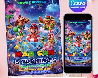 Zaproszenie urodzinowe Super Mario Galaxy | Edytowalne zaproszenie na imprezę dla graczy kosmicznych (do pobrania cyfrowego)