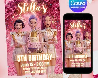 Zaproszenie urodzinowe K-Pop Demon Hunters, zaproszenie na imprezę Sakura Pop Star (cyfrowy edytowalny szablon)
