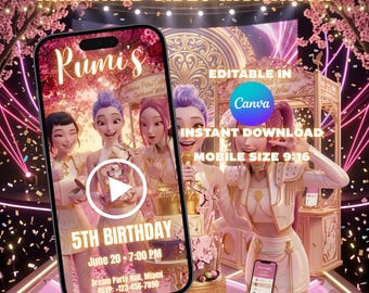 Animowane zaproszenie na urodziny Łowców Demonów w stylu K-Pop, Huntrix Pop Star Evite (pobranie cyfrowe)