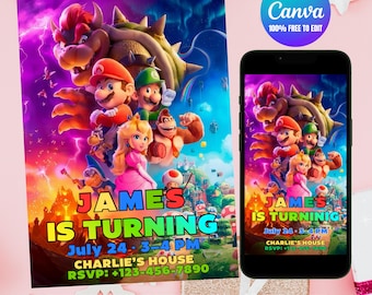 Zaproszenie urodzinowe Super Mario Galaxy, edytowalne zaproszenie na imprezę Canva (pobranie cyfrowe)