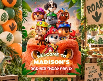 May include: A rectangular party sign featuring Paw Patrol characters atop a large orange dinosaur head. The text reads: Welcome to Madison's 3rd Birthday Party. The background displays a tropical jungle setting with green leaves and a sunset sky.