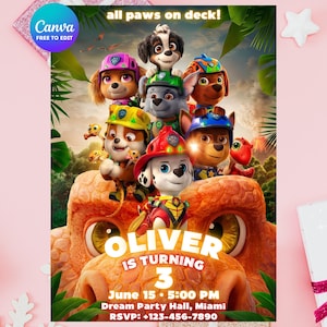 May include: A digital birthday invitation featuring the Paw Patrol characters stacked on a large orange dinosaur. The text reads: all paws on deck! OLIVER IS TURNING 3, June 15, 5:00 PM, Dream Party Hall, Miami, RSVP: +123-456-7890. The background shows a jungle.