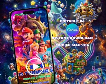 Animowane zaproszenie wideo Super Mario Galaxy, impreza Bowser, edytowalny szablon Canva (cyfrowe zaproszenie mobilne)