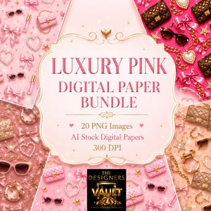 Puede incluir: Un paquete de papel digital con patrones de bolsos acolchados, lazos, gafas de sol y perlas en forma de corazón en tonos rosa, marrón y dorado. El texto central dice LUXURY PINK DIGITAL PAPER BUNDLE, 20 PNG Images, AI Stock Digital Papers, 300 DPI.