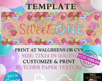 Sjabloon voor spandoek Sweet One verjaardag | Snoepthema slagerpapier-mockup (digitale download)