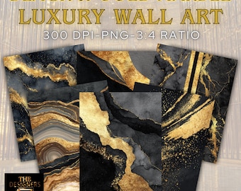 Zwartgouden marmeren muurkunstset, abstract glamour modern decor (digitale download)