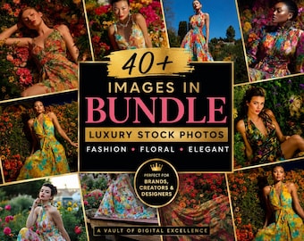 Bundel luxe AI-stockfoto's, modeafbeeldingen, kleurrijke jurk met bloemen (40+ hoge resolutie)