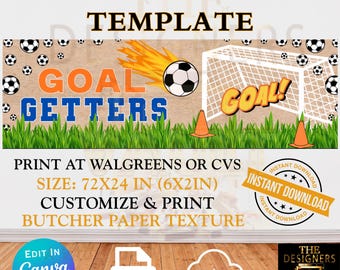 Sjabloon voor spandoek voetbalteam | DIY overschilderbaar CanvaPro bewerkbaar 72 x 24 aanpasbaar slagerpapier afdrukbaar mockup