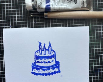 Linosnede, uitklapbare ansichtkaart, verjaardagskaart, verjaardagstaart, handgemaakt, zelfgemaakt