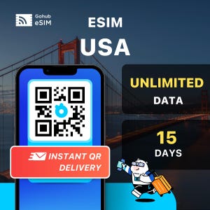 May include: A promotional image for a USA eSIM service. The image features a smartphone displaying a QR code, with text reading "ESIM USA," "Unlimited Data," and "15 Days." A cartoon character with luggage is also present, along with the text "Instant QR Delivery."