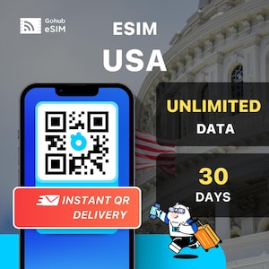 Może przedstawiać: Ekran smartfona wyświetla kod QR z napisem "ESIM USA". Obraz promuje nieograniczoną transmisję danych przez 30 dni z natychmiastową dostawą QR. Pokazana jest również postać z kreskówek z walizką i telefonem.