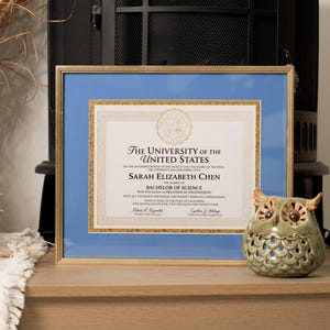 May include: A framed Bachelor of Science diploma from The University of the United States for Sarah Elizabeth Chen, featuring a gold frame, blue matting, and a decorative border, displayed next to a small, green, ceramic owl figurine.