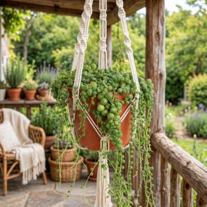 Puede incluir: Una planta suculenta de tipo collar de perlas con hojas verdes redondas que caen de una maceta de plástico color terracota. La planta está sujeta por un colgador de macramé color crema con nudos complejos y una borla larga en la base.