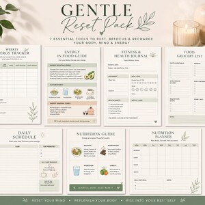 Könnte beinhalten: Eine Sammlung von sieben druckbaren Wellness-Leitfäden, darunter ein wöchentlicher Energie-Tracker, ein Ernährungsratgeber, ein Fitness-Journal, eine Einkaufsliste, ein Tagesplan, ein Ernährungsratgeber und ein Planer. Mit dem Text "Gentle Reset Pack."