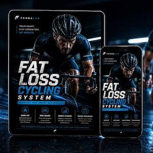 Puede incluir: Anuncio de un sistema de ciclismo para la pérdida de grasa, mostrado en una tableta y un smartphone. La imagen presenta a un ciclista en movimiento, con el texto "FAT LOSS CYCLING SYSTEM". El texto adicional incluye "BURN FAT, RIDE SMART, GET RESULTS."