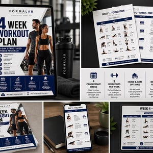 Puede incluir: Un plan de entrenamiento digital de 4 semanas que se muestra en una tableta, un teléfono y hojas impresas. El plan presenta un programa de fitness estructurado de 28 días con imágenes de ejercicios. Incluye una coctelera negra y pesas en el fondo.