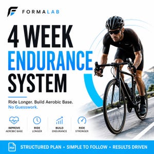 Puede incluir: Imagen promocional del sistema de resistencia de 4 semanas de FORMALAB. La imagen presenta a un ciclista de negro montando una bicicleta de carretera negra. El texto incluye "4 WEEK ENDURANCE SYSTEM", "Ride Longer. Build Aerobic Base. No Guesswork." e iconos.