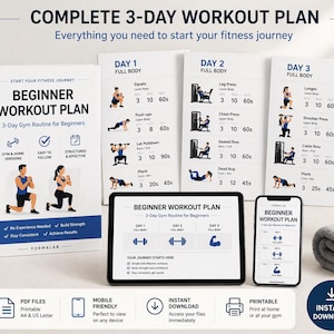 Può includere: Un piano di allenamento per principianti con una routine di 3 giorni in palestra, visualizzato su un libro, un tablet e un telefono. Il piano include esercizi come squat, flessioni e affondi. L'immagine mostra anche una bottiglia d'acqua e un asciugamano arrotolato.