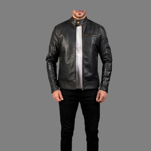Men's Black Moto Biker Jacket Genuine Sheepskin Leather Jacket Slim Fit Coat