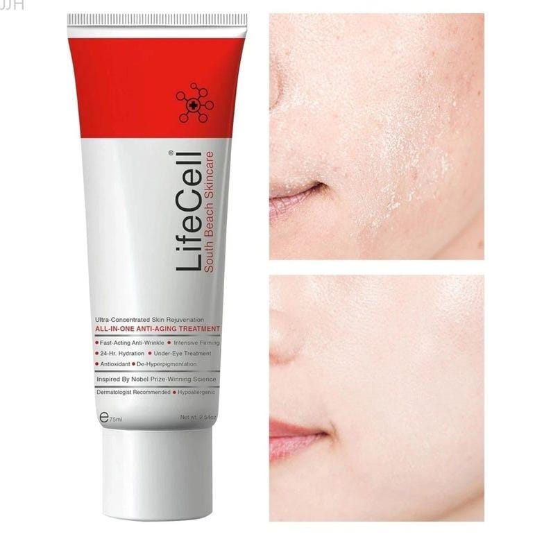 May include: A tube of LifeCell South Beach Skincare anti-aging treatment. The tube is white with a red top and features the brand name and product information. The image also shows before and after skin close-ups.