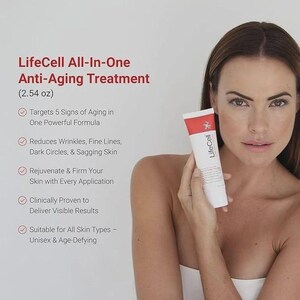 May include: A woman holds a tube of LifeCell All-In-One Anti-Aging Treatment (2.54 oz). The tube is white with a red top and the LifeCell logo. Text on the left lists benefits: reduces wrinkles, firms skin, and is suitable for all skin types.