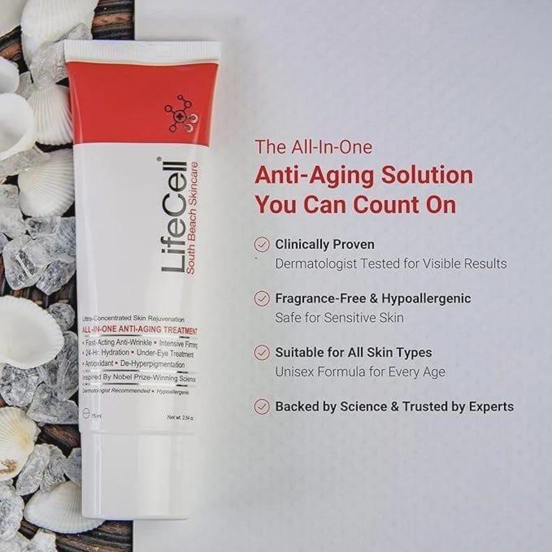 May include: A white and red tube of LifeCell anti-aging cream. The tube features the brand name and product information. The text on the right side of the image reads: "The All-In-One Anti-Aging Solution You Can Count On."