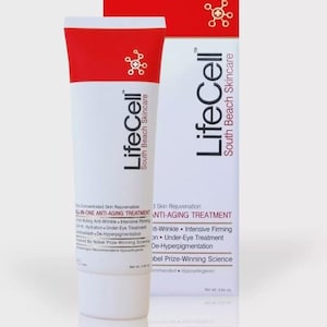 May include: A white tube of LifeCell South Beach Skincare anti-aging treatment with a red cap and accents. The product is displayed next to its matching box, also white and red, with the product name and description.