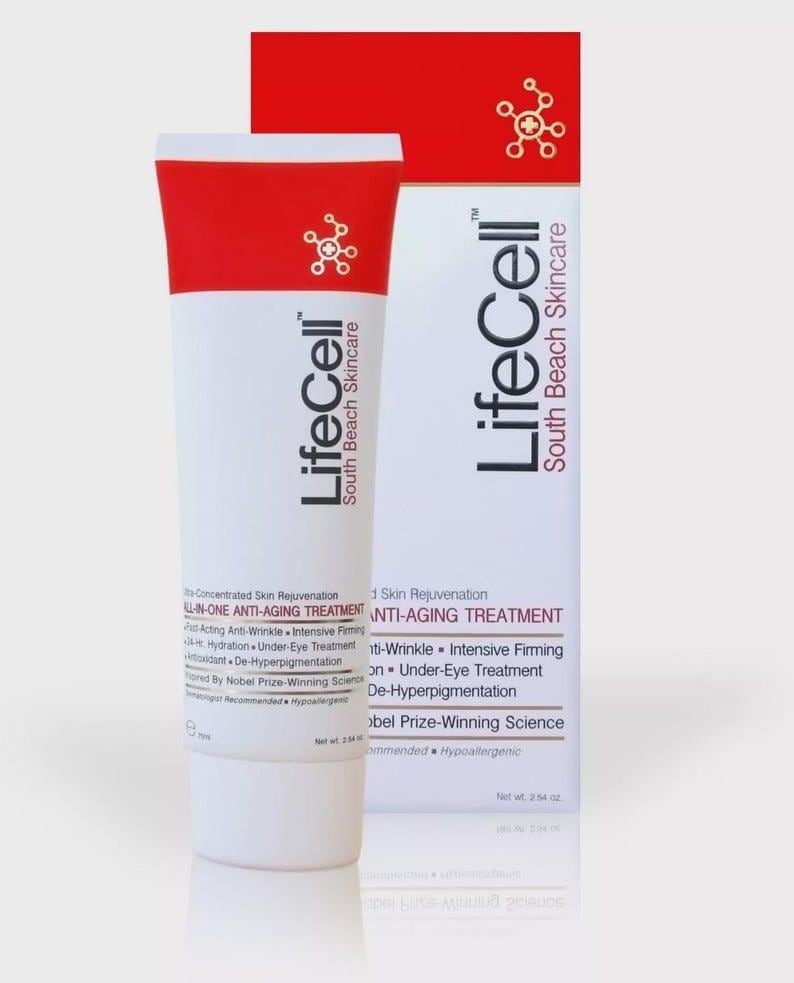 May include: A white tube of LifeCell South Beach Skincare anti-aging treatment with a red cap and accents. The product is displayed next to its matching box, also white and red, with the product name and description.