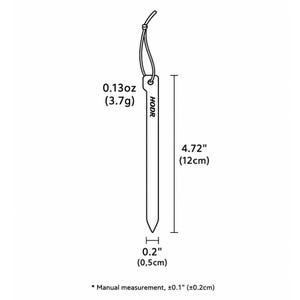 May include: A white line drawing of a tent stake with a cord loop at the top. The stake is labeled HODR, measures 4.72 inches in length, 0.2 inches in width, and weighs 0.13 ounces. A note indicates manual measurement, plus or minus 0.1 inches.