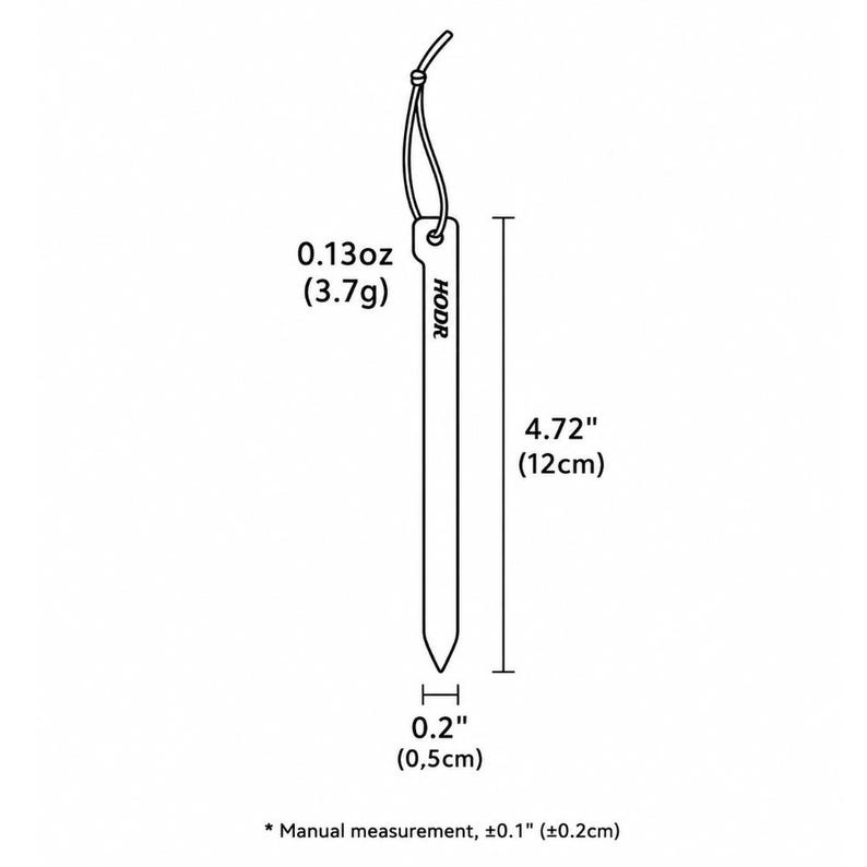 May include: A white line drawing of a tent stake with a cord loop at the top. The stake is labeled HODR, measures 4.72 inches in length, 0.2 inches in width, and weighs 0.13 ounces. A note indicates manual measurement, plus or minus 0.1 inches.