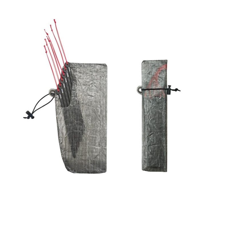May include: A gray, crinkled, rectangular storage pouch containing several black, flat, rectangular stakes with thin red pull cords attached. A second, identical pouch is shown closed and secured with a black cord and toggle fastener.