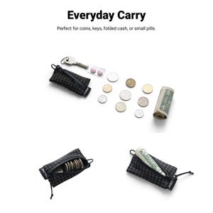 Pu&ograve; includere: L'immagine mostra una custodia a scacchi in bianco e nero con cerniera, una chiave, monete, pillole e contanti arrotolati. Il testo "Everyday Carry" &egrave; in alto, con il testo "Perfect for coins, keys, folded cash, or small pills."