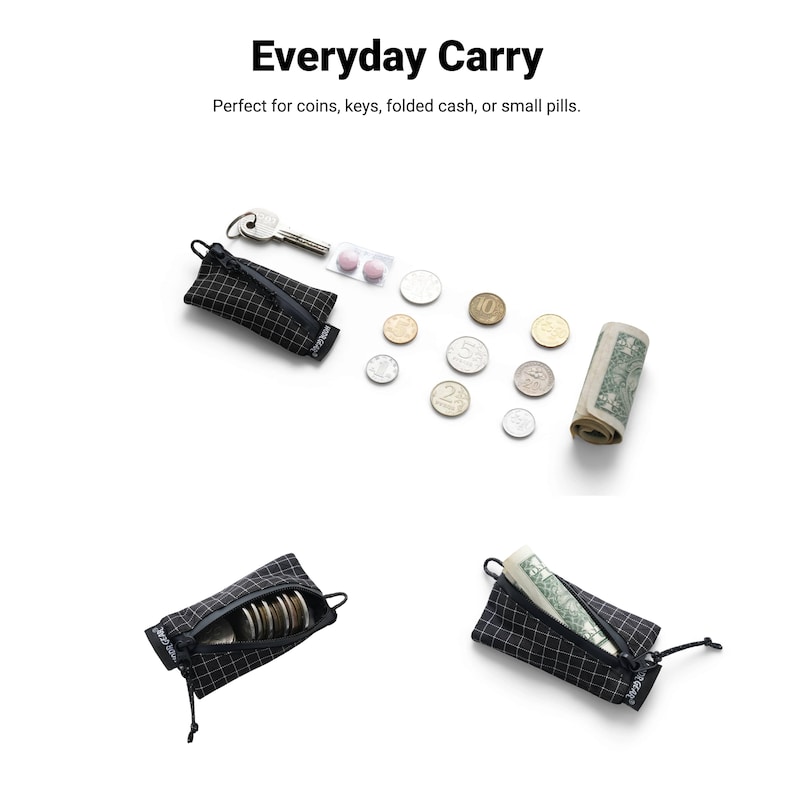 Pu&ograve; includere: L'immagine mostra una custodia a scacchi in bianco e nero con cerniera, una chiave, monete, pillole e contanti arrotolati. Il testo "Everyday Carry" &egrave; in alto, con il testo "Perfect for coins, keys, folded cash, or small pills."
