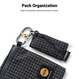 Pu&ograve; includere: Due pochette a scacchi bianchi e neri con un moschettone. Le pochette hanno una chiusura a cerniera e una piccola etichetta con la scritta "HODR GEAR". &Egrave; visibile anche il testo "Pack Organization" e "Keep tiny essentials organized and easy to access".
