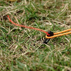 May include: A black plastic tent stake with the text HODR printed in white, featuring a bright orange cord looped through the top and a thin red cord tied to the side, secured into the ground amidst green and brown blades of grass.