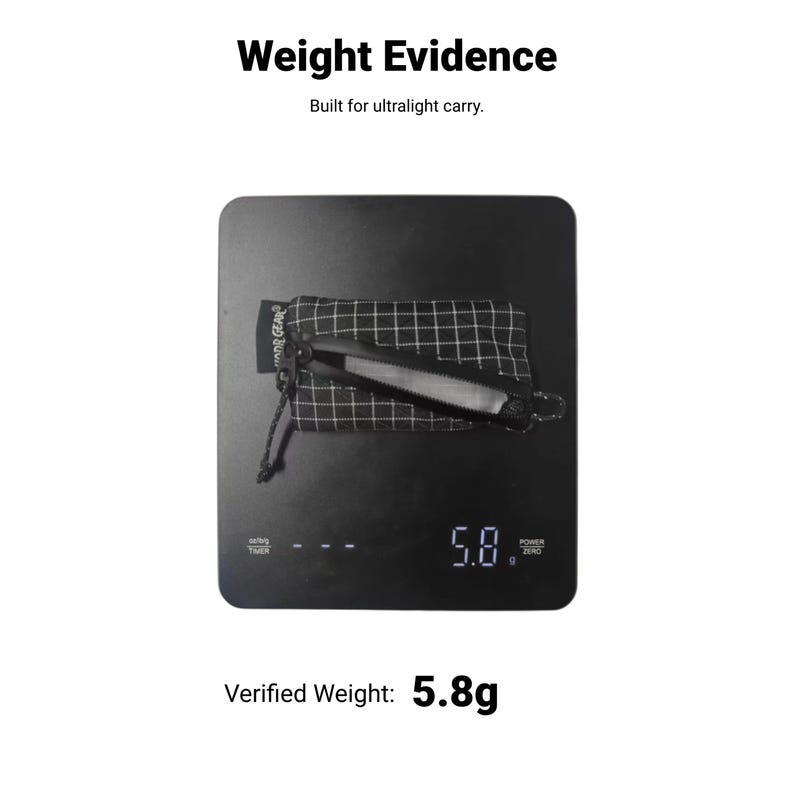 Pu&ograve; includere: Una bilancia digitale nera mostra un peso di 5,8 grammi. Un piccolo astuccio a scacchi bianchi e neri contiene un oggetto nero. Il testo in alto recita "Weight Evidence" e "Built for ultralight carry."