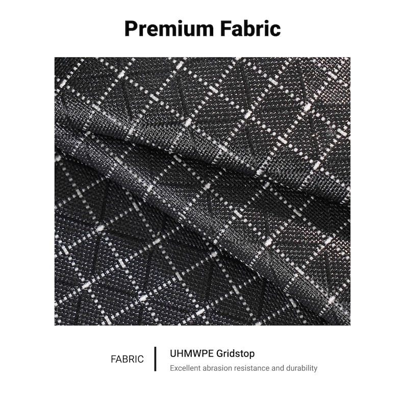 Pu&ograve; includere: Primo piano di un tessuto nero con un motivo a griglia bianca. Il tessuto &egrave; strutturato e piegato. Il testo "Premium Fabric" &egrave; in alto e "FABRIC | UHMWPE Gridstop" in basso.