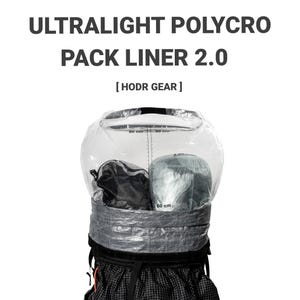 May include: An ultralight polycro pack liner 2.0 by HODR GEAR. The clear, transparent plastic liner is inserted into a black grid-patterned backpack. The liner features printed measurement markings showing 80 cm and 60 cm scales.
