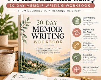 May include: A 30-day memoir writing workbook with a cover featuring a landscape illustration of a lake, mountains, and a sunset. The text reads Write Your Life Story, 30-Day Memoir Writing Workbook, and From Memories to a Meaningful Story.