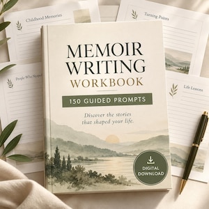 May include: A memoir writing workbook with 150 guided prompts, featuring a cover illustration of a landscape with a lake and sun. The text reads Memoir Writing Workbook, 150 Guided Prompts, Discover the stories that shaped your life, and Digital Download.