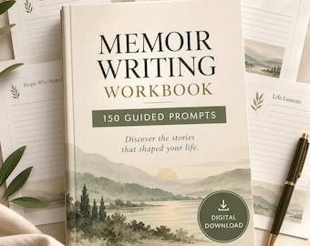 May include: A memoir writing workbook with 150 guided prompts, featuring a cover illustration of a landscape with a lake and sun. The text reads Memoir Writing Workbook, 150 Guided Prompts, Discover the stories that shaped your life, and Digital Download.