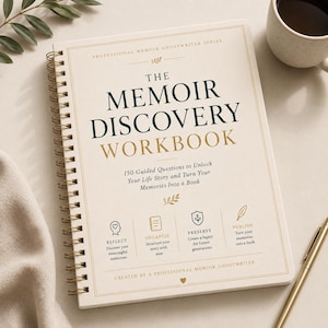 May include: A spiral-bound workbook titled The Memoir Discovery Workbook with a cream cover, dark green and gold text, and four icons representing reflect, organize, preserve, and publish, featuring 150 guided questions for life stories.