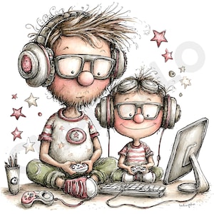May include: A detailed cartoon illustration depicting two figures gaming, possibly a father and child. They are wearing headphones and glasses, holding controllers. A computer, keyboard, and star motifs complete the scene, rendered in a whimsical style.